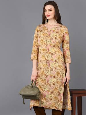 women beige viscose rayon floral printed straight kurta 2