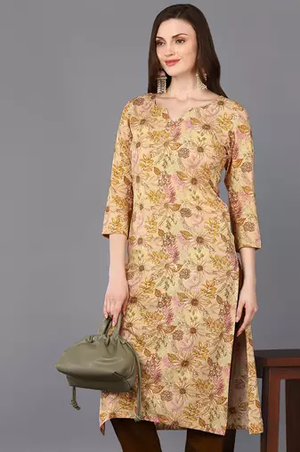 women beige viscose rayon floral printed straight kurta