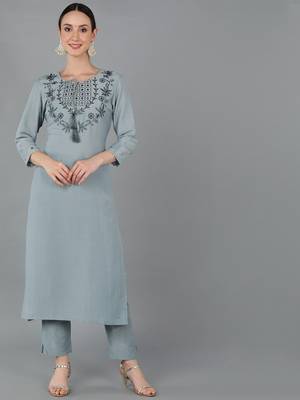 women grey silk blend solid embroidered straight kurta 1