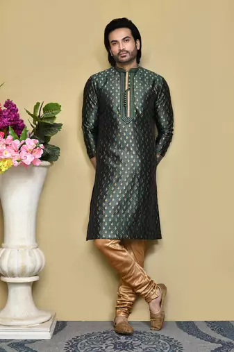 Green woven art silk kurta pajama