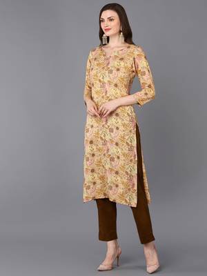 women beige viscose rayon floral printed straight kurta 3