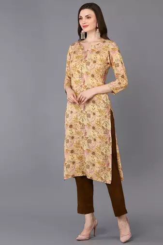 women beige viscose rayon floral printed straight kurta