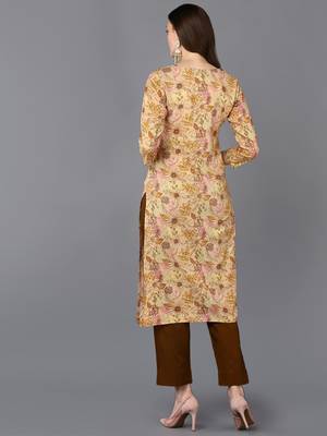 women beige viscose rayon floral printed straight kurta 4