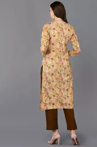 women beige viscose rayon floral printed straight kurta