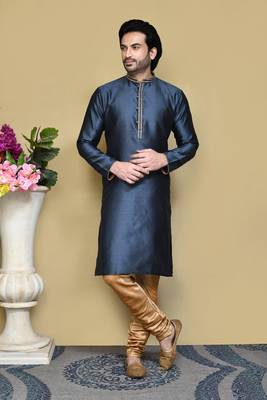 Grey woven art silk kurta pajama 1