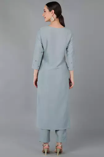 women grey silk blend solid embroidered straight kurta