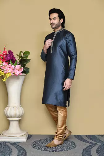 Grey woven art silk kurta pajama