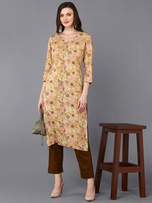 women beige viscose rayon floral printed straight kurta 5