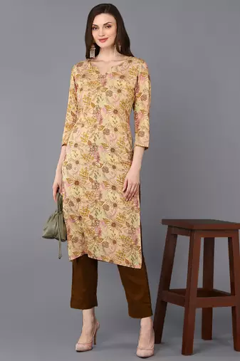 women beige viscose rayon floral printed straight kurta