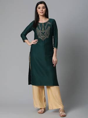 women green viscose rayon solid embroidered straight kurta 1