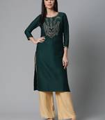 women green viscose rayon solid embroidered straight kurta