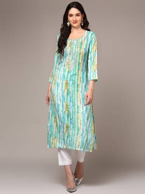 women blue viscose rayon abstract embroidered straight kurta 1