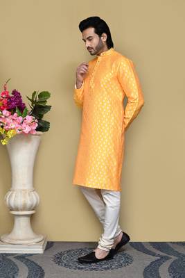Yellow embroidered art silk kurta pajama 2