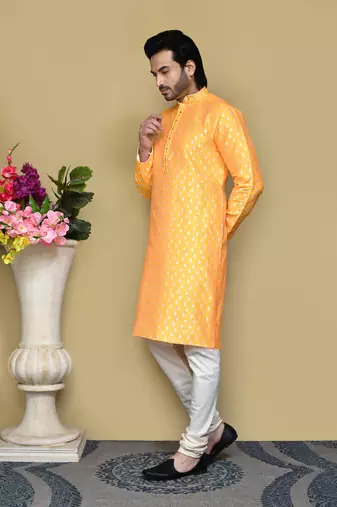 Yellow embroidered art silk kurta pajama