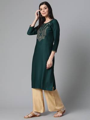women green viscose rayon solid embroidered straight kurta 3
