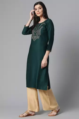 women green viscose rayon solid embroidered straight kurta