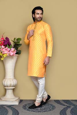 Yellow woven art silk kurta pajama 2