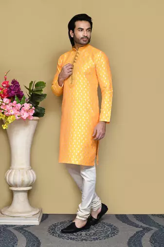 Yellow woven art silk kurta pajama