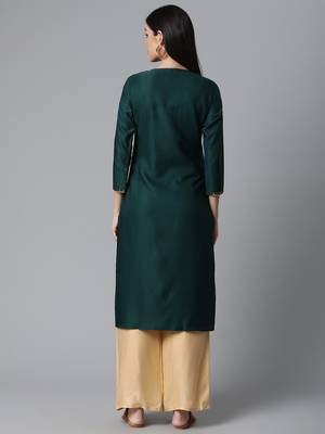 women green viscose rayon solid embroidered straight kurta 4