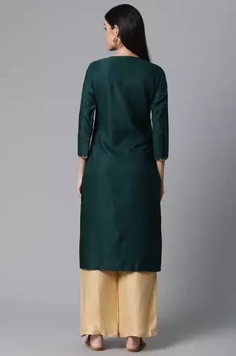 women green viscose rayon solid embroidered straight kurta