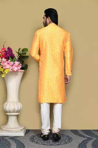 Yellow embroidered art silk kurta pajama