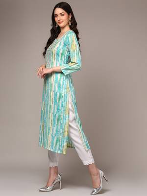 women blue viscose rayon abstract embroidered straight kurta 3