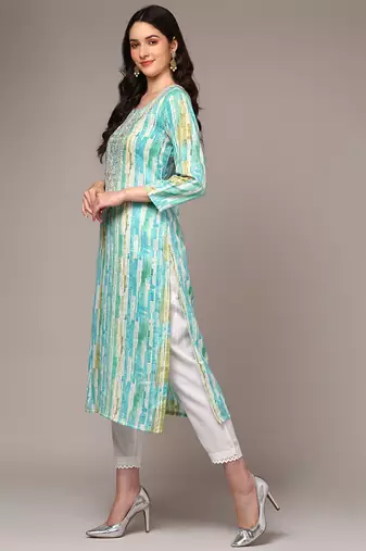women blue viscose rayon abstract embroidered straight kurta