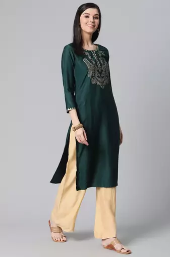 women green viscose rayon solid embroidered straight kurta