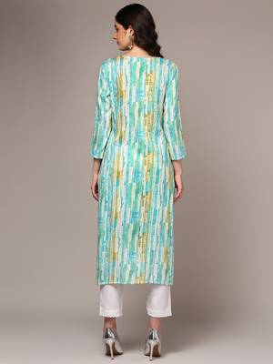 women blue viscose rayon abstract embroidered straight kurta 4