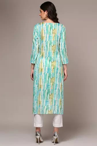 women blue viscose rayon abstract embroidered straight kurta