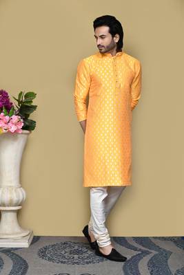 Yellow embroidered art silk kurta pajama 4