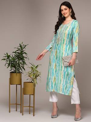 women blue viscose rayon abstract embroidered straight kurta 5