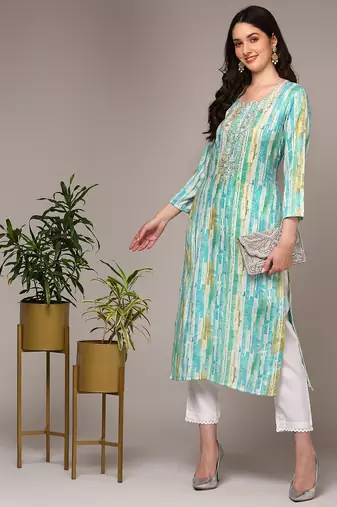 women blue viscose rayon abstract embroidered straight kurta