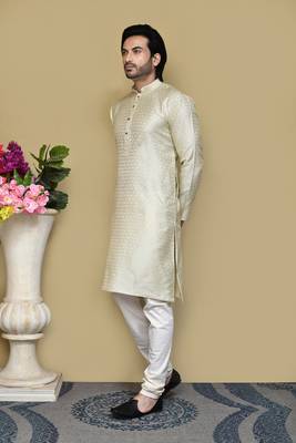 Grey woven art silk kurta pajama 2