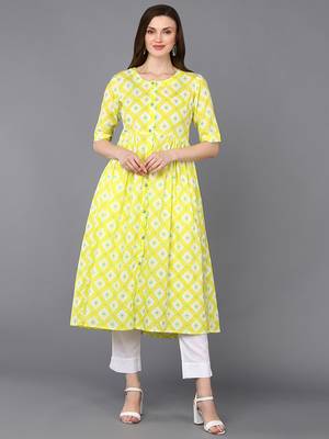 women yellow cotton blend geometric printed a-line kurta 1
