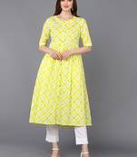 women yellow cotton blend geometric printed a-line kurta
