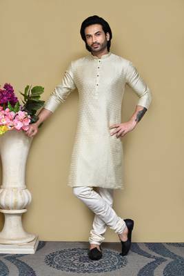 Grey woven art silk kurta pajama 4