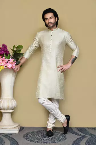 Grey woven art silk kurta pajama
