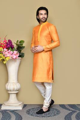 Orange woven cotton silk kurta pajama 2