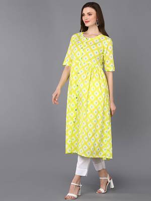 women yellow cotton blend geometric printed a-line kurta 3