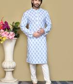 Sky blue printed cotton kurta pajama