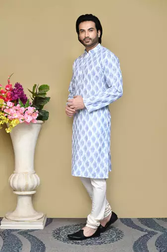 Sky blue printed cotton kurta pajama