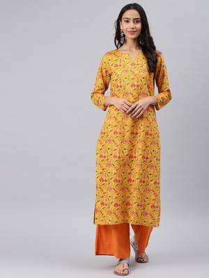 women mustard cotton geometric printed straight kurta 1