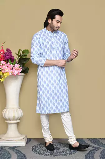 Sky blue printed cotton kurta pajama