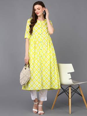 women yellow cotton blend geometric printed a-line kurta 5