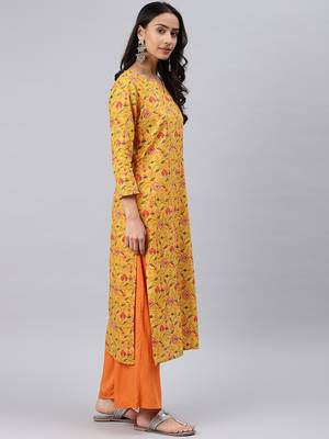 women mustard cotton geometric printed straight kurta 3