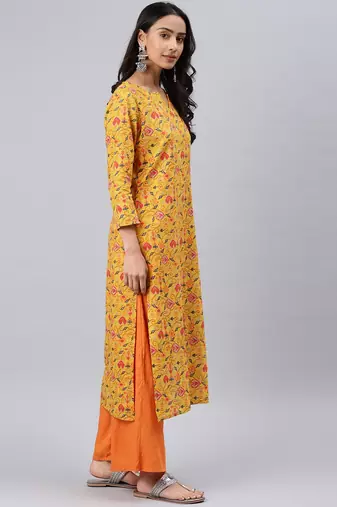 women mustard cotton geometric printed straight kurta