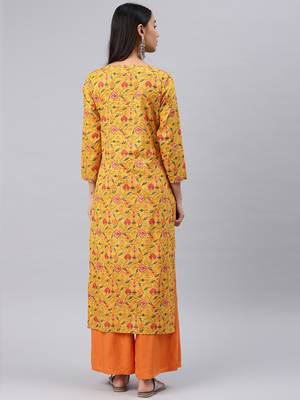 women mustard cotton geometric printed straight kurta 4