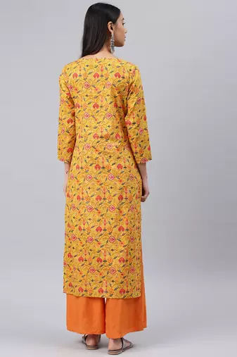 women mustard cotton geometric printed straight kurta