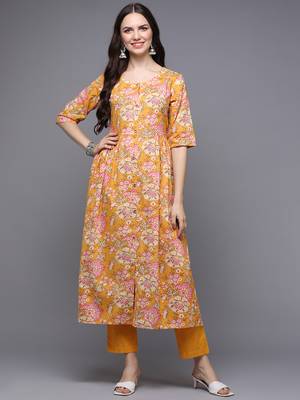 women yellow cotton floral printed a-line kurta 1